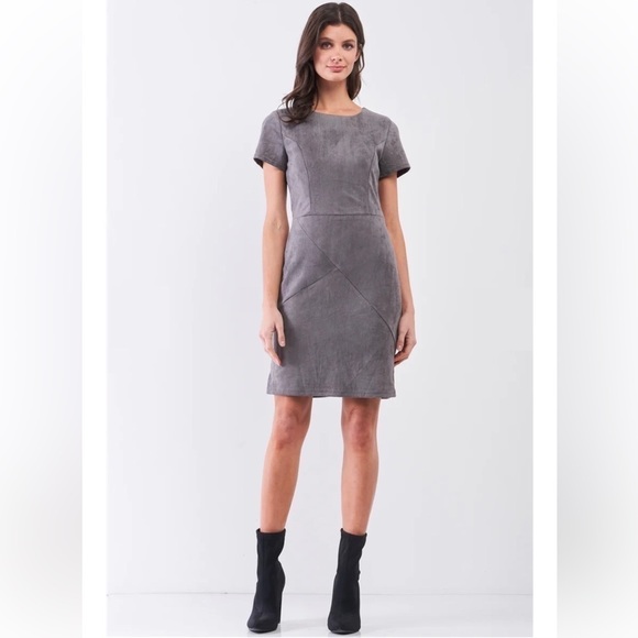 NWT 41 Hawthorn Faux Suede Gray Sheath Paneled Dress Size Medium Office Chic - Picture 2 of 15